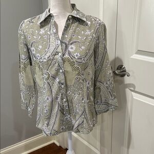 Ann Taylor Olive and White Paisley Button-Down Shirt